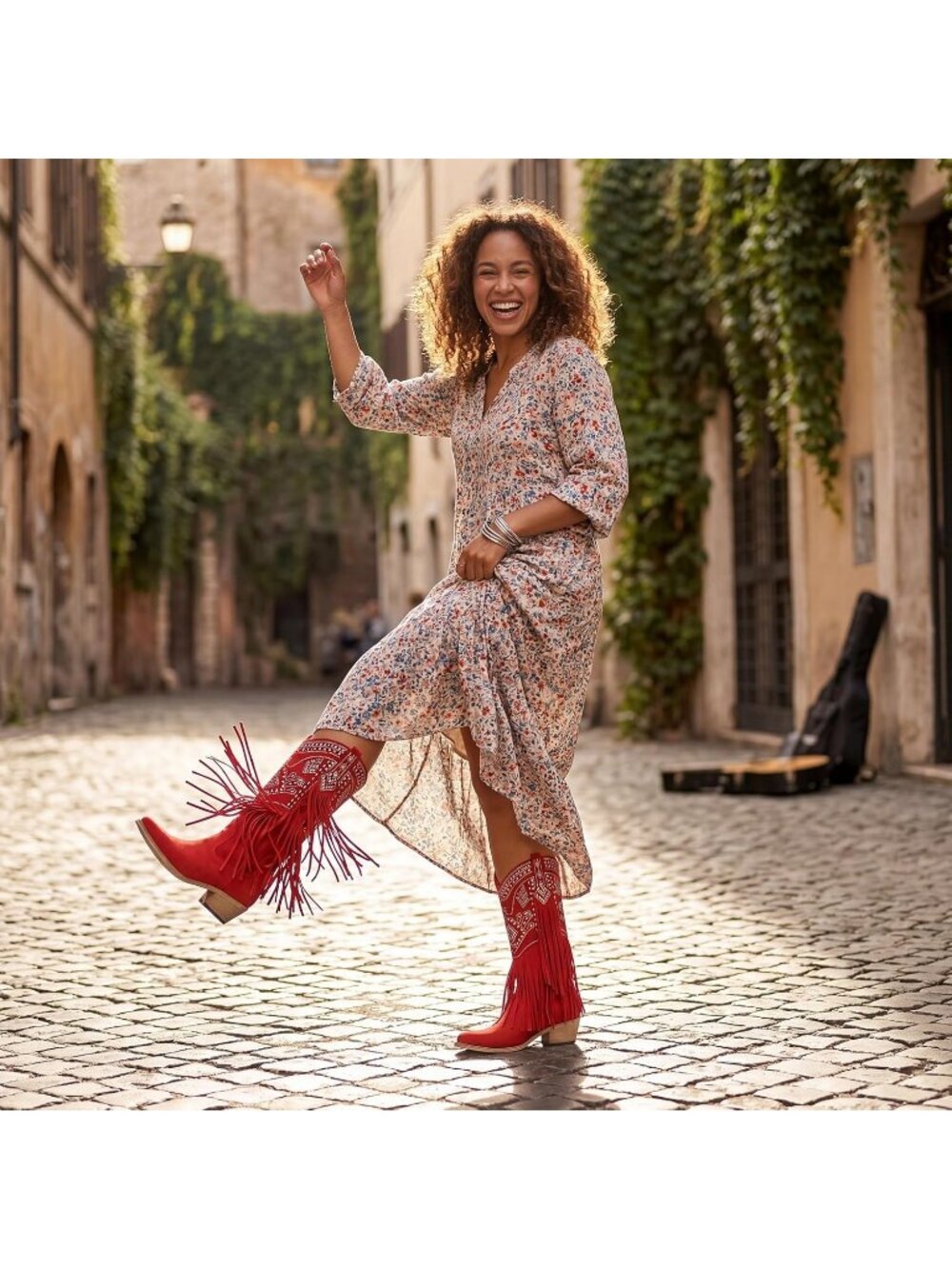 Women's Knee High Cowgirl Fringe Boots Red Rhinestone Chunky Heel Pointed Toe - Picture 3 of 6